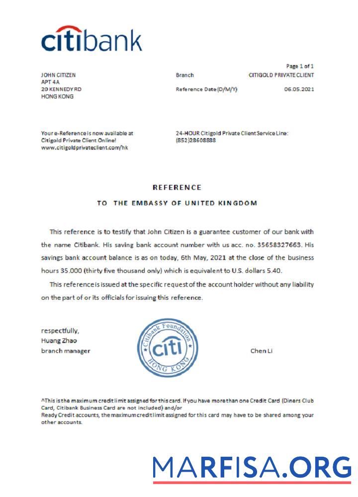 Printable Hong Kong Citibank reference sample